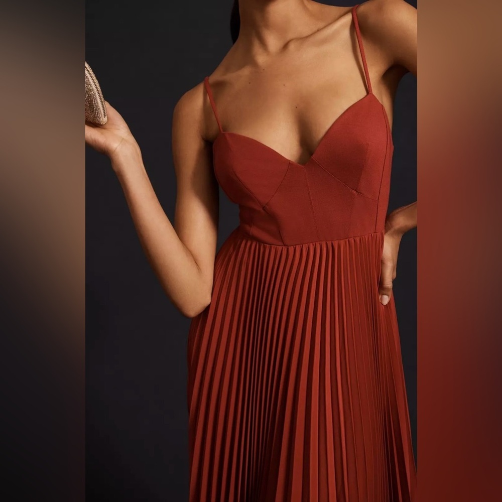Anthropologie Rust Red Pleated Midi Dress - Picture 6 of 10
